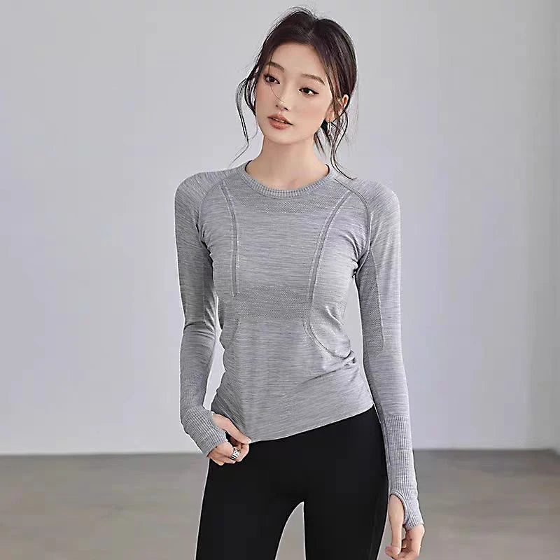 Women Seamless Round Neck Yoga Top Long Sleeve Shirt Winter