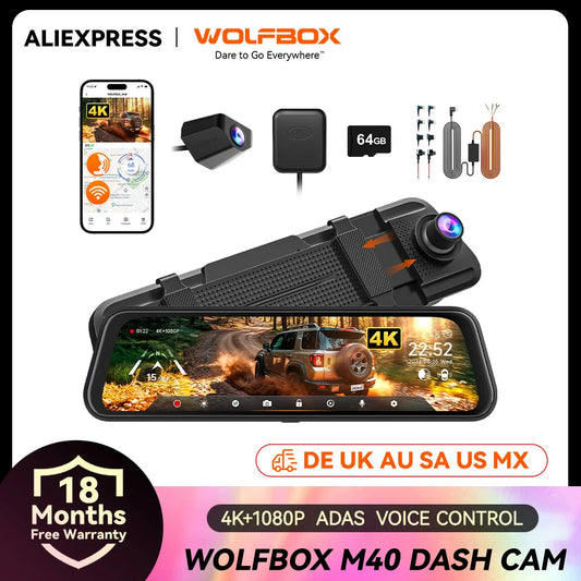 WOLFBOX M40 Dash Cam 4K 1080P With Voice Control ADAS