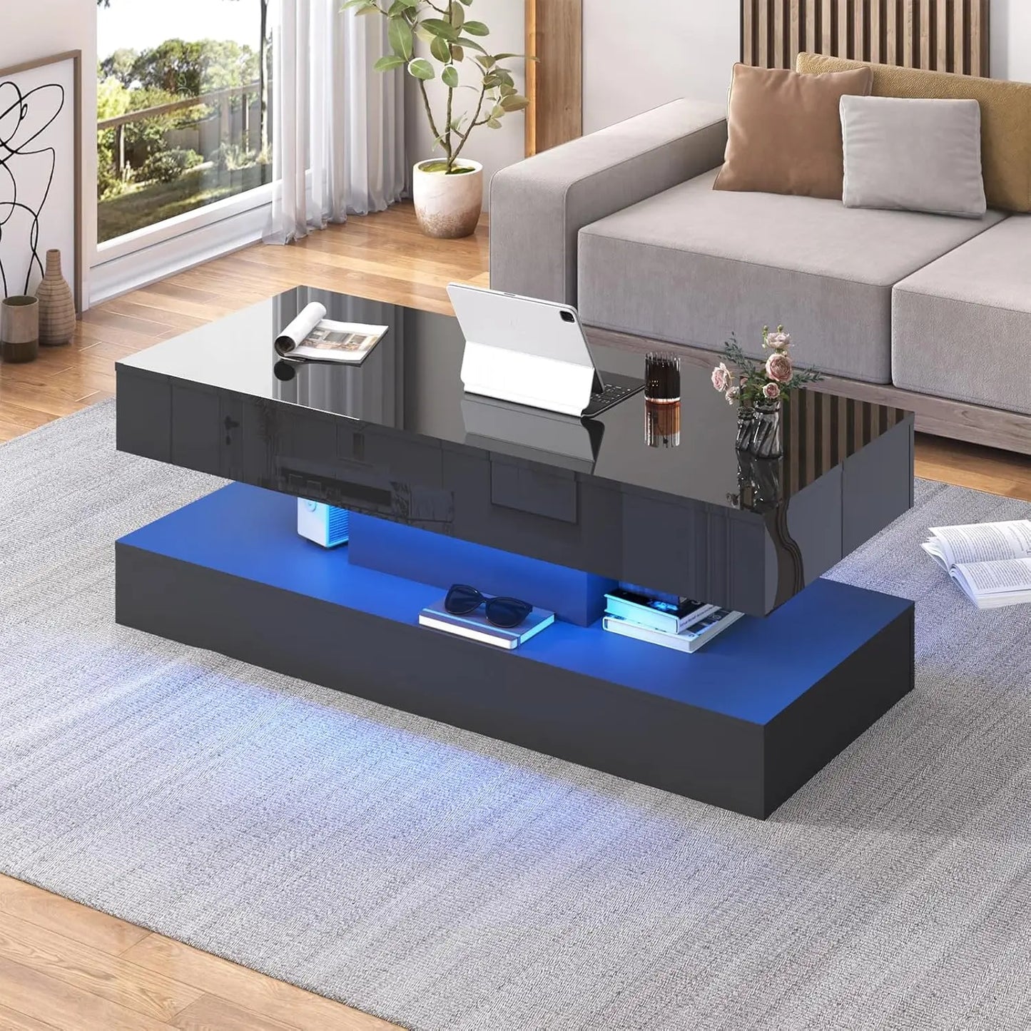 QiaoShiRen Modern LED Coffee Table With Double Layer Storage