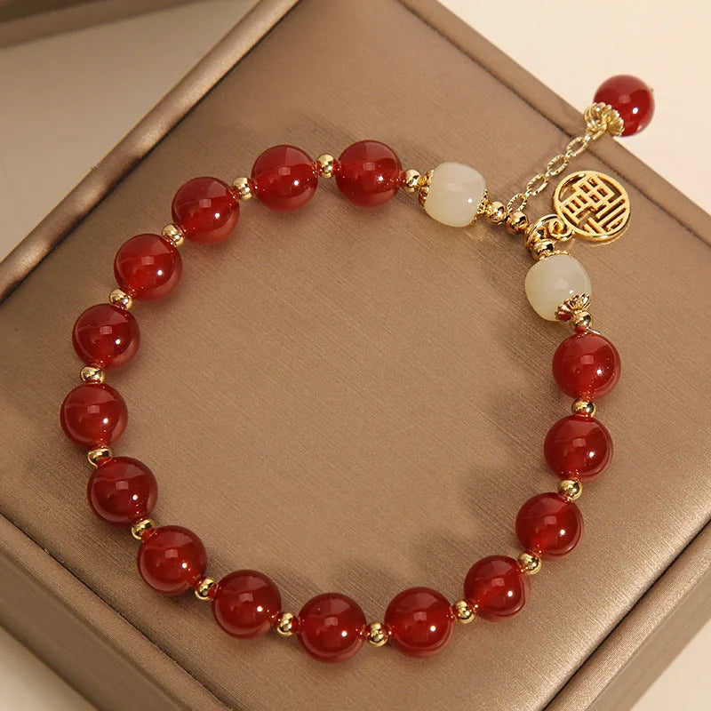 Red Crystal Bracelet with Golden Pendant, Chinese Ethnic Style Lucky Charm Jewelry, Gift for Family Friends, Daily Wear