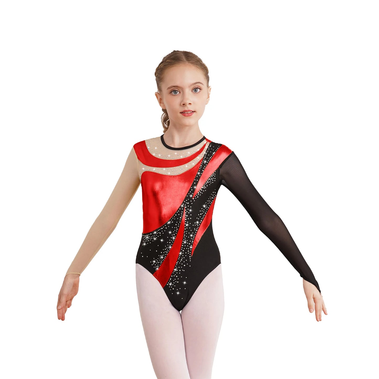 Girls Gymnastics Leotard Mesh Long Sleeve Bodysuit Metallic Contrast