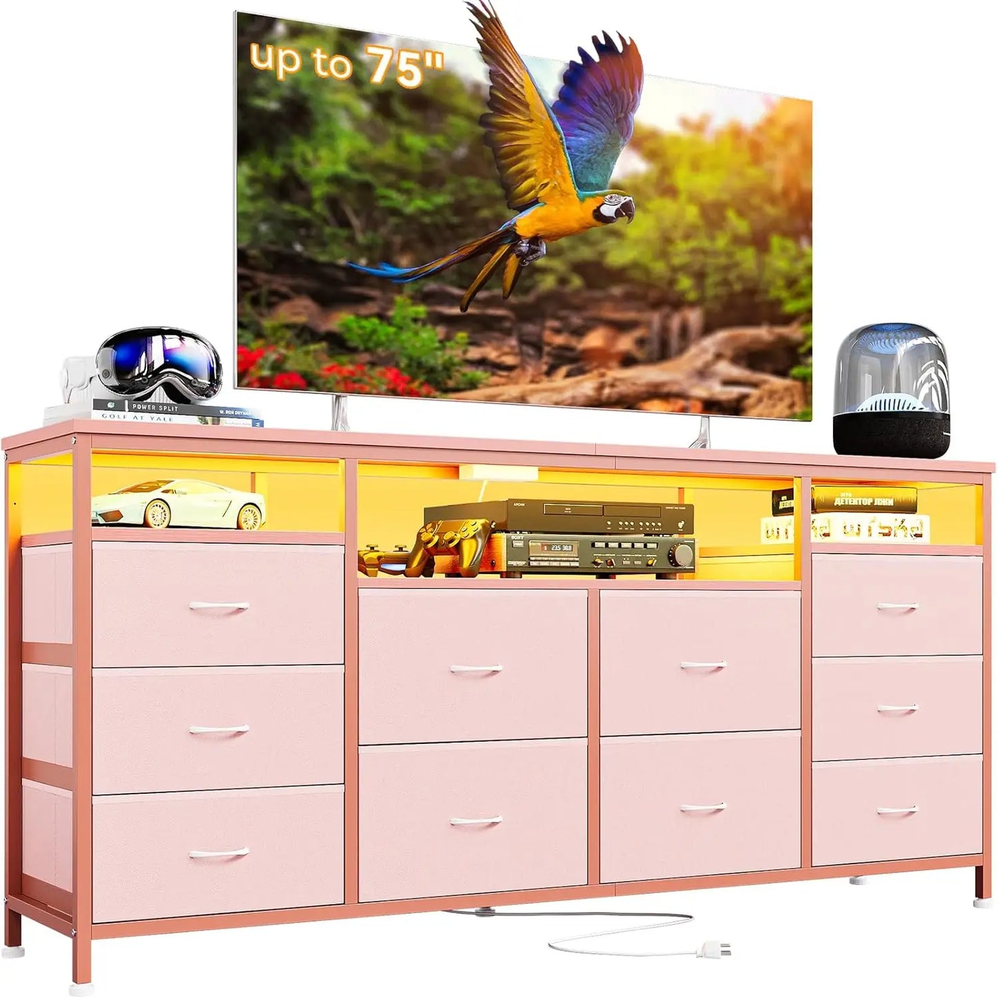 10 Drawer Dresser TV Stand for 65 70 and 75 Inch TV 63 Inch Wide Long Fabric Entertainment Center Chest of Drawers