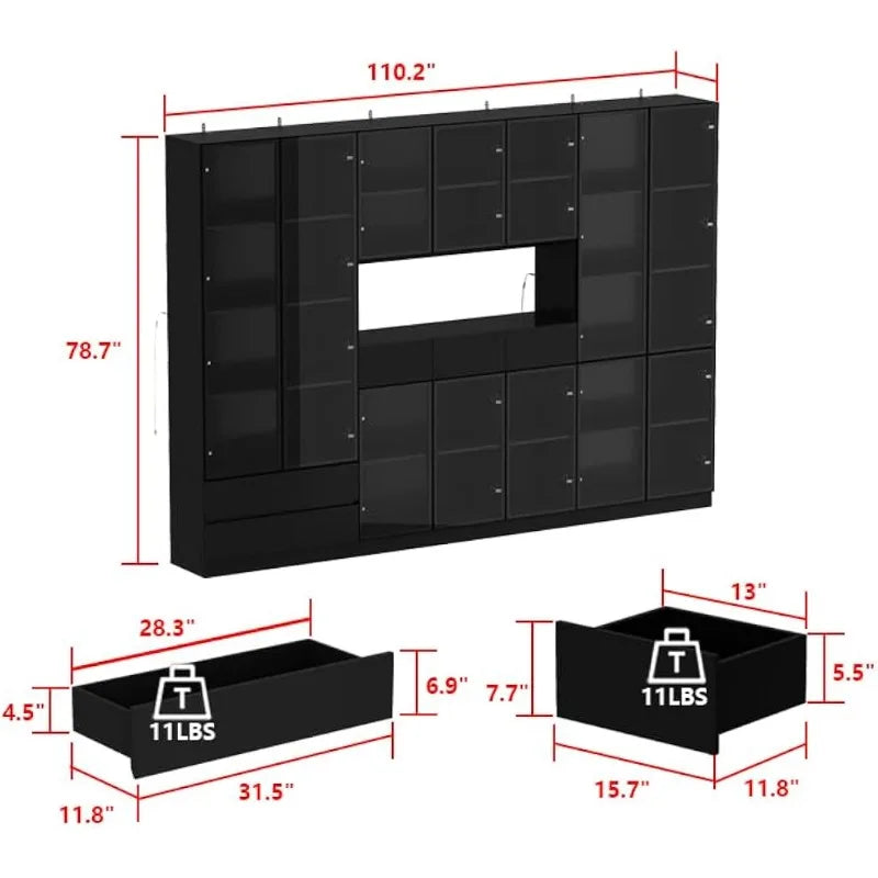 Bookcase Bookshelf With Glass Doors And Lights Large Display Shelf Hutch Five Tier Shelves And Drawers Black