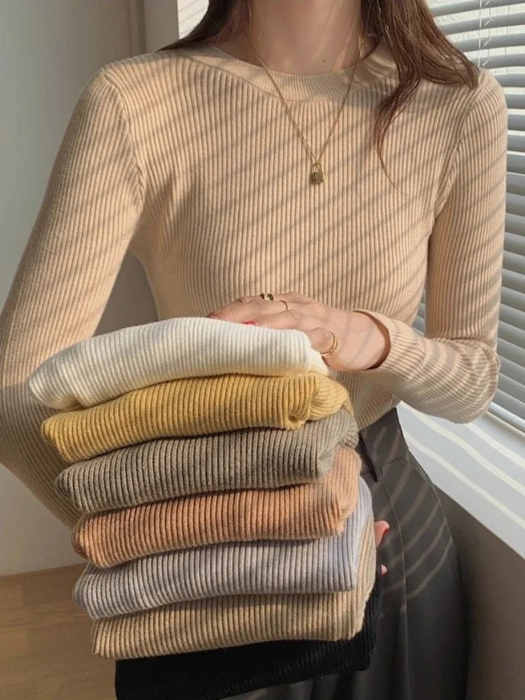 Zjaiss Women Knit O Neck Sweater Slim Fit Long Sleeve