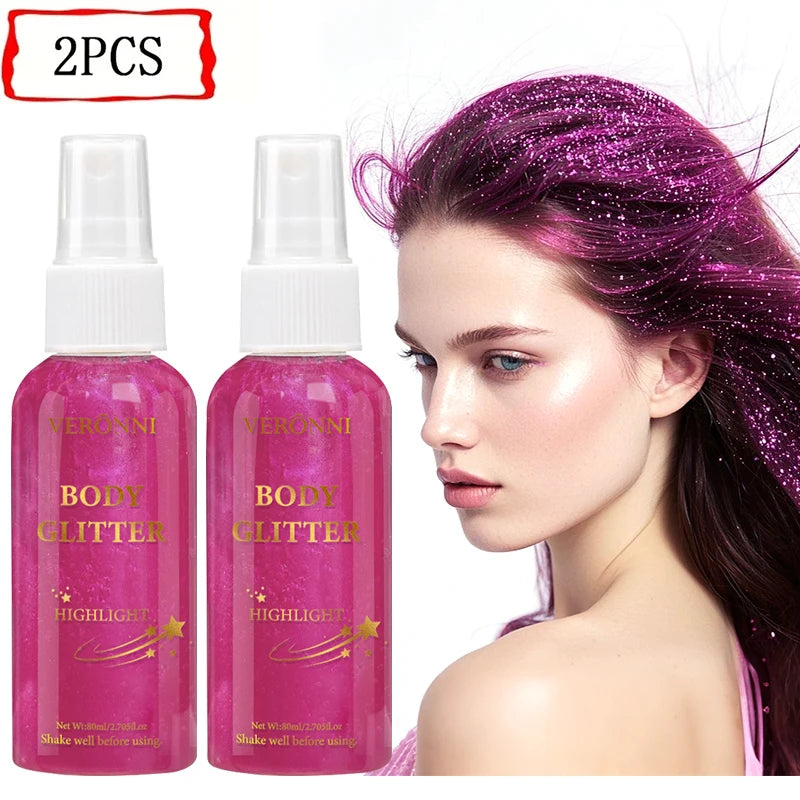 2Pcs VERONNI Body Glitter Spray, Shimmer Highlighter Mist for Hair Face Body, Long Lasting Sparkle Makeup Spray for Party Festival