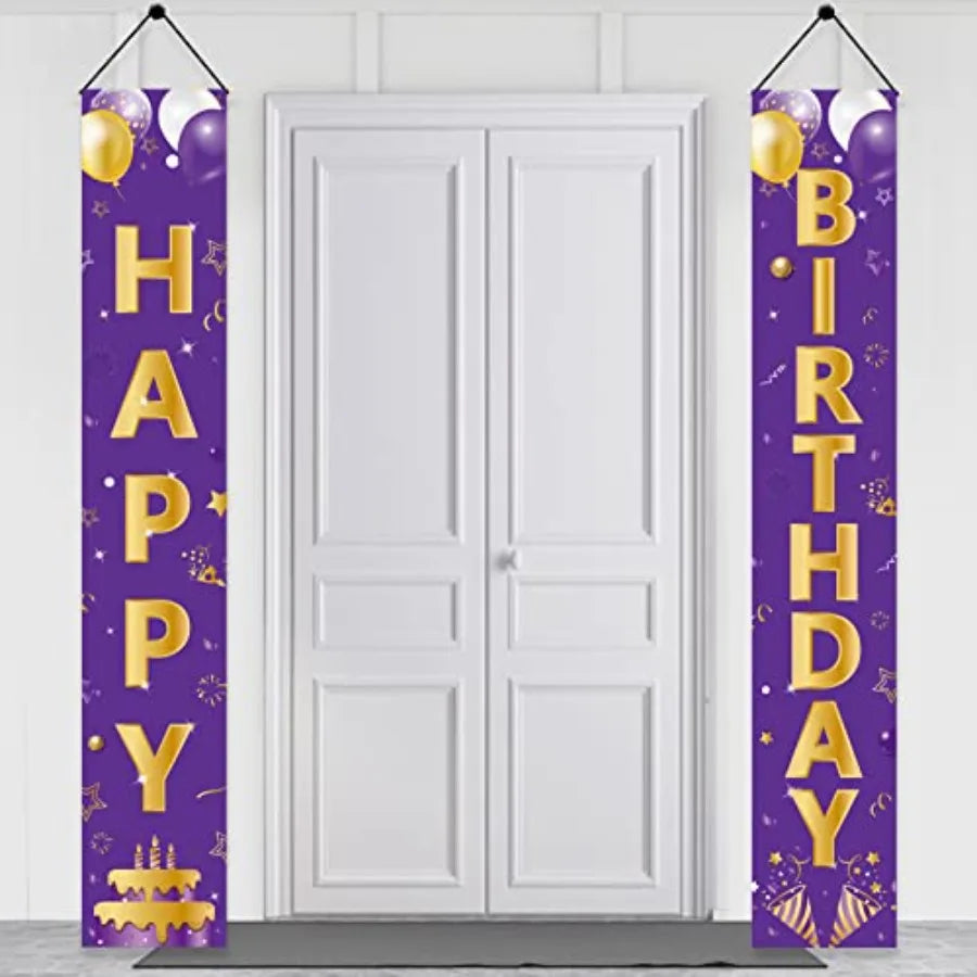 Purple Gold Happy Birthday Door Banner Decorations, Happy Birthday Porch Sign Party Supplies for Girls Women, 16th 21st 30th 40