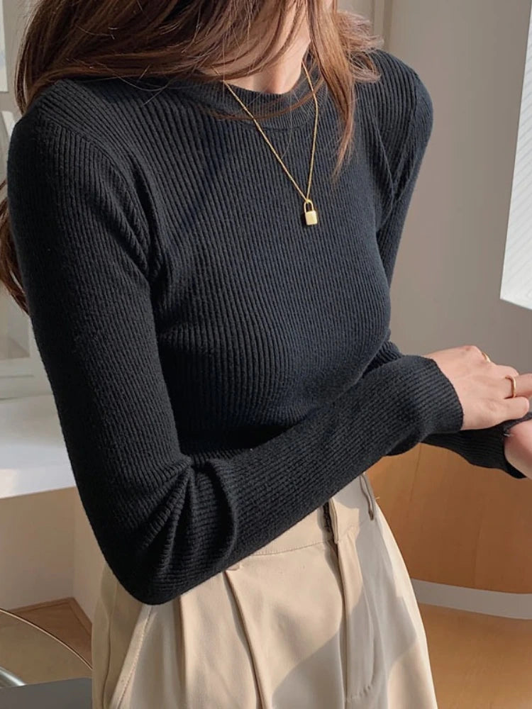 Zjaiss Women Knit O Neck Sweater Slim Fit Long Sleeve