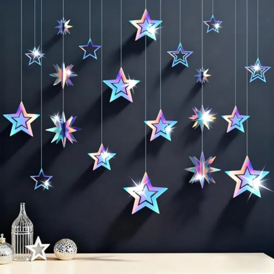 Iridescent Party Decorations, Hanging Honeycomb Balls, Paper Fans and 3D Star Ornaments, Holographic Ceiling Decor for Birthday