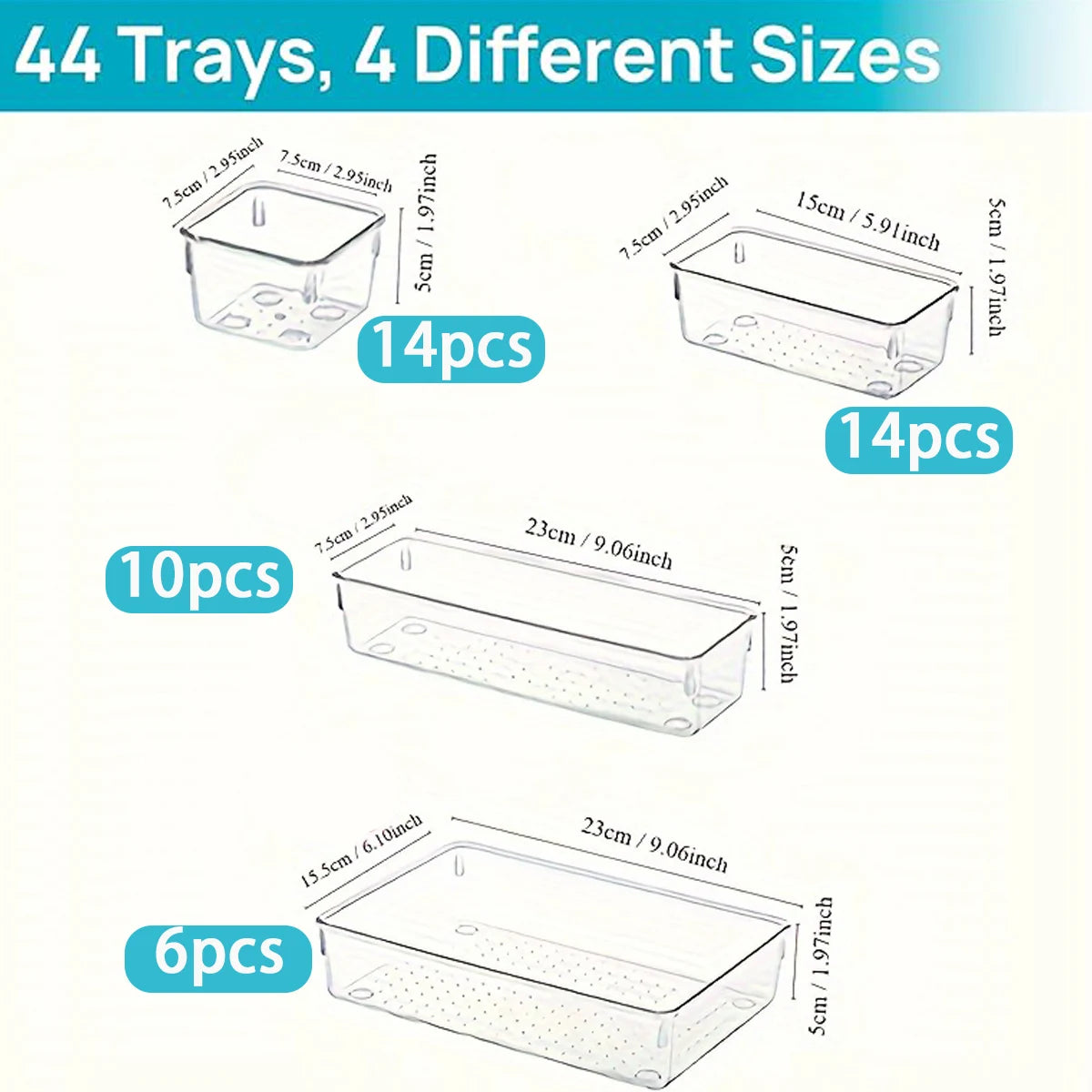 Drawer Storage Box Set 44pcs Transparent Plastic Organizer