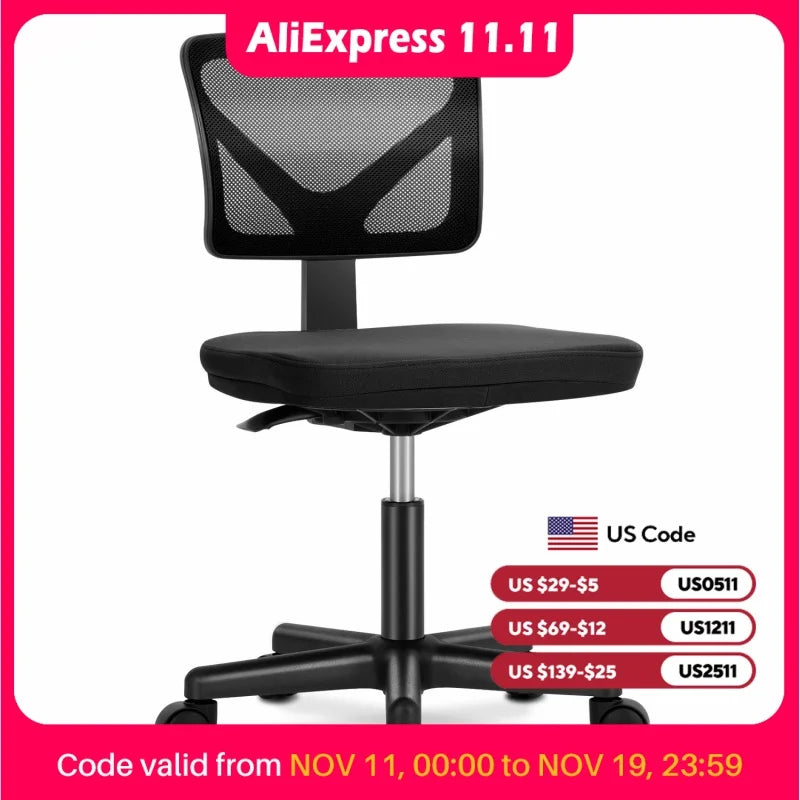 JHK Mesh Lumbar Armless Office Chair With Adjustable Height Wheels
