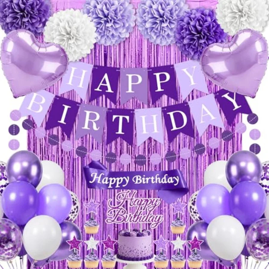 Purple Birthday Decorations, 50PCS Happy Birthday Decorations for Women Include Banner Balloons Sash Foil Fringe Curtain Paper