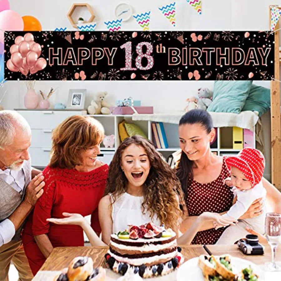 18th Birthday Decorations for Girls, Happy 18th Birthday Banner Rose Gold and Black 18 Year Old Birthday Decorations Party Supp