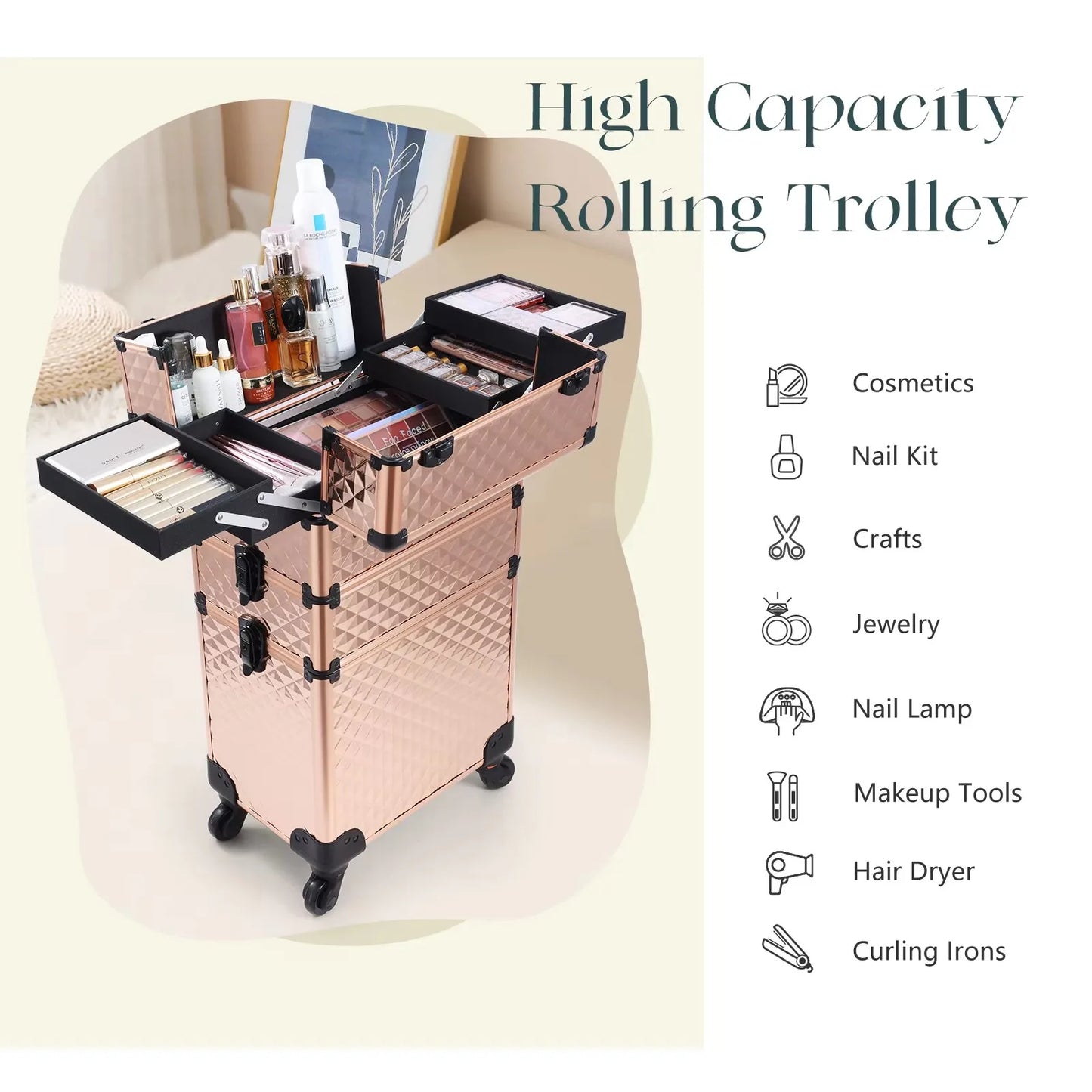 Rolling Makeup Case 3 In 1 Removable Makeup Case On Wheels Large Capacity Lockable Trolley For Salon