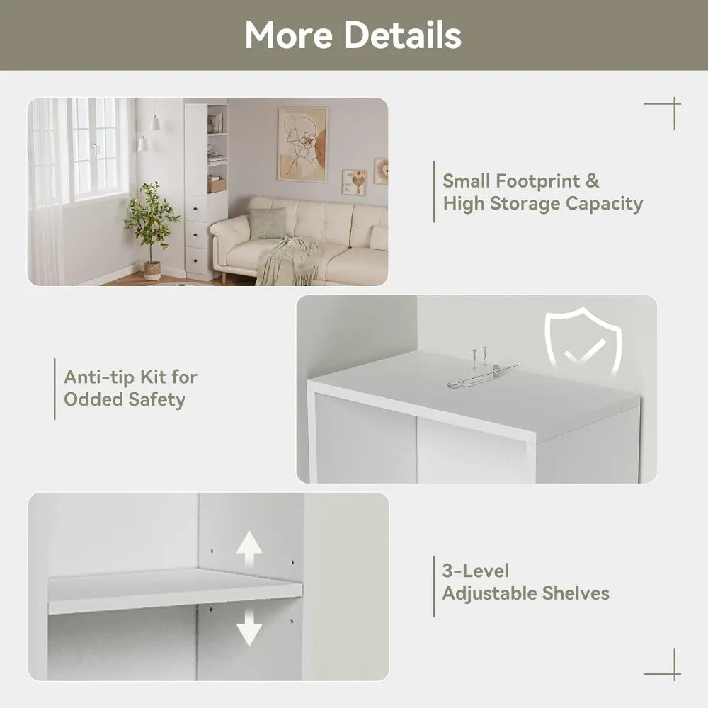 Storage Cabinet Tall Narrow Bathroom Organizer with 3-Level Adjustable Shelves Slim Free Standing Space Saver