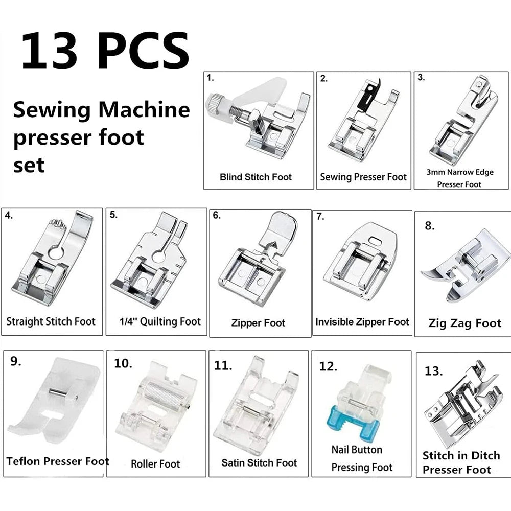 13 PCS/Box Presser Foot Set Roller Foot Invisi Zipper Foot For  Household Sewing Machine Accessories
