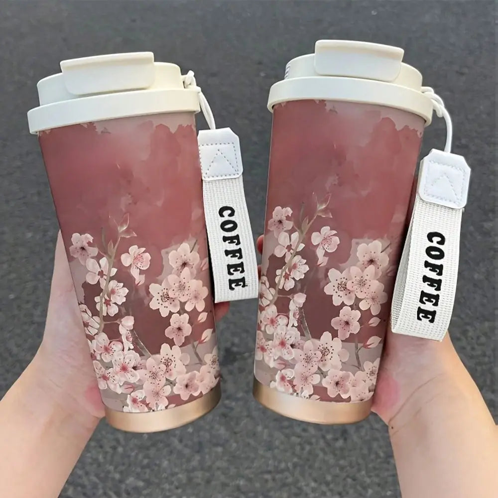 304 Stainless Steel Sakura Insulated Travel Mug With Straw Lid