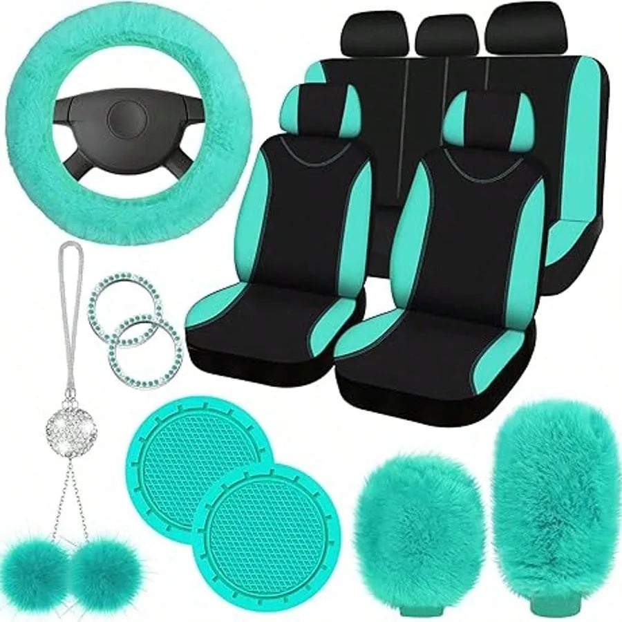17pcs Car Seat Cover Full Set for Women Universal Fit Car Front Rear Fluffy Steering Wheel Fleece Handbrake Shift Covers Hanging Accessory Holder Ring Emblem (Rose Red Black), Car Seat Cover Full Set