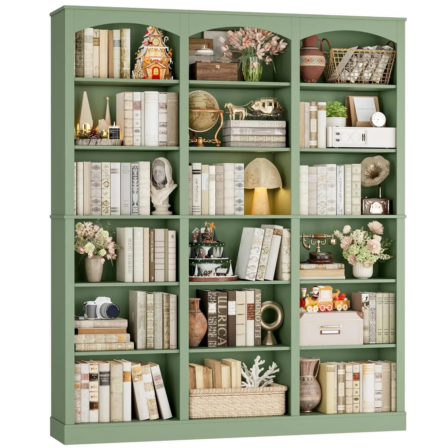 71" Triple Wide Bookshelf, 6 Tier Tall Bookshelf, Large Bookcase with Curved Baffle, 63.4" Wide Book Shelf with 18, Customized