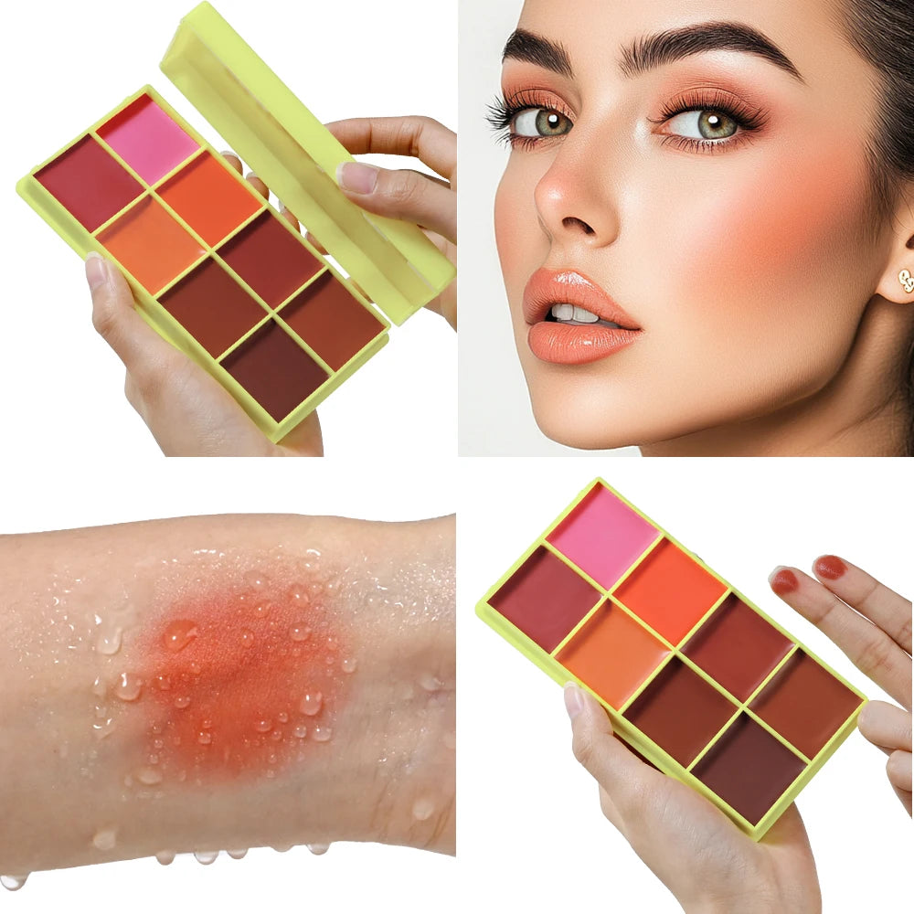 All-In-One 8 Color Cream Blush Countouring Face Palette Blendable Longwear Natural Glow Shades Long-Lasting Sweat-Resistant Woman Makeup
