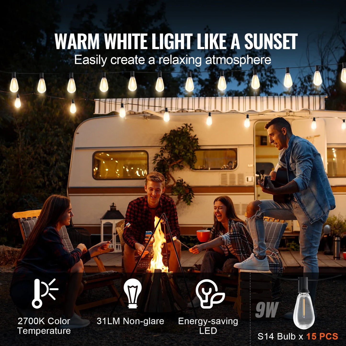 SucceBuy LED Outdoor String Lights 2700K Dimmable Waterproof