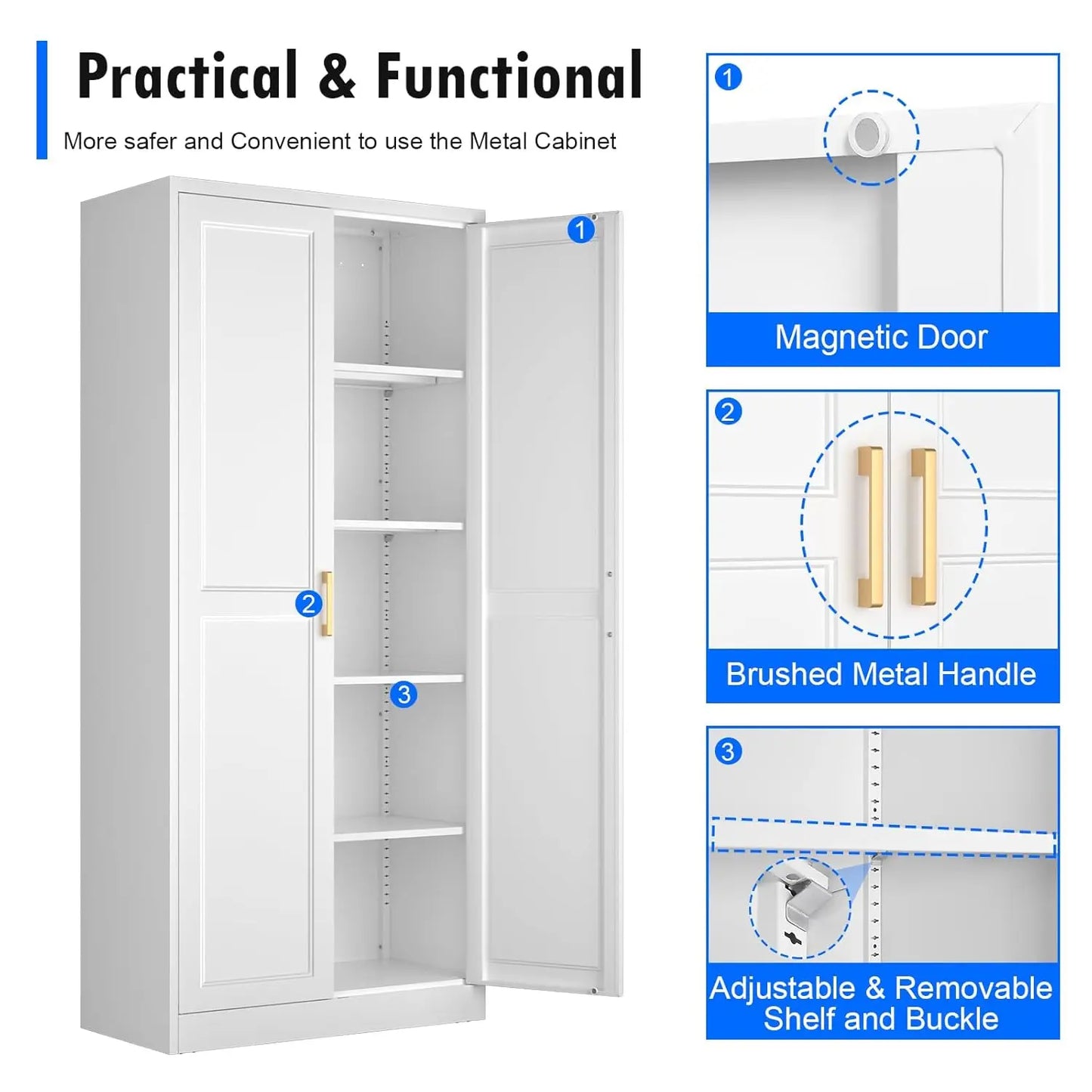 White Kitchen Pantry Cabinet, 71 Inch Tall Metal Storage Cabinet with Doors and Shelves, Pantry Cabinets, Customized