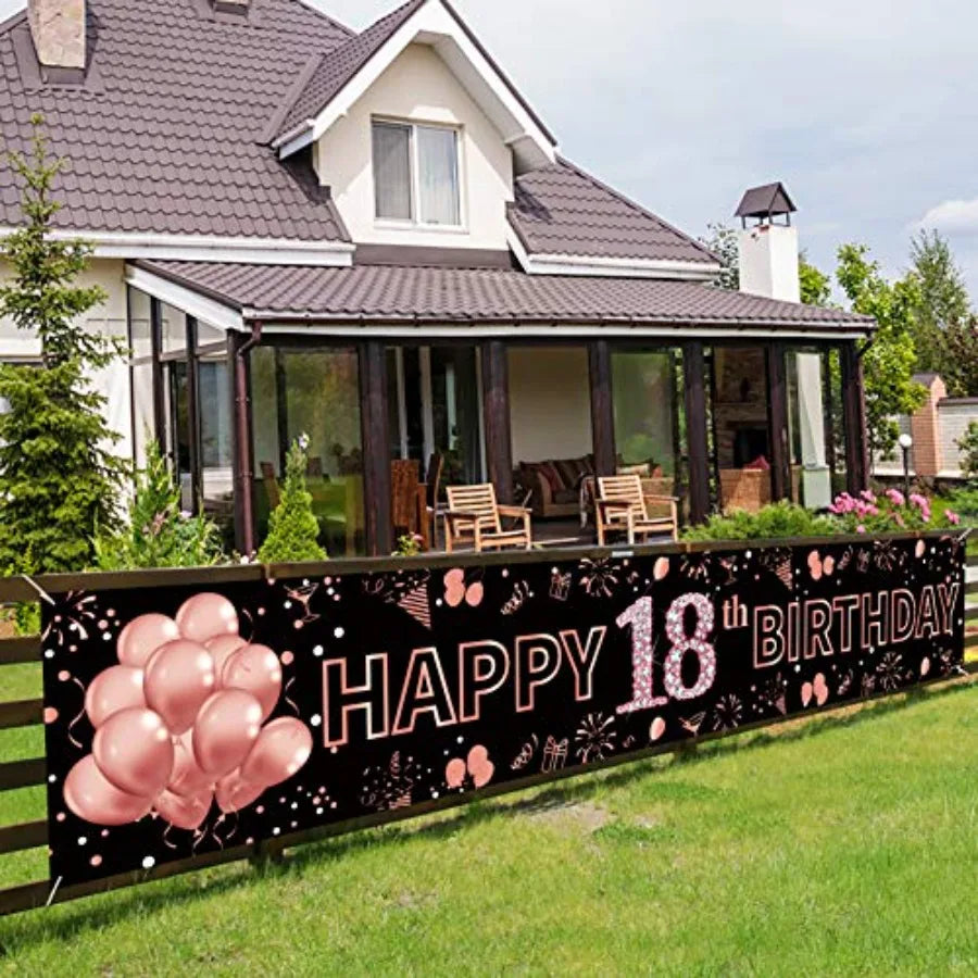 18th Birthday Decorations for Girls, Happy 18th Birthday Banner Rose Gold and Black 18 Year Old Birthday Decorations Party Supp