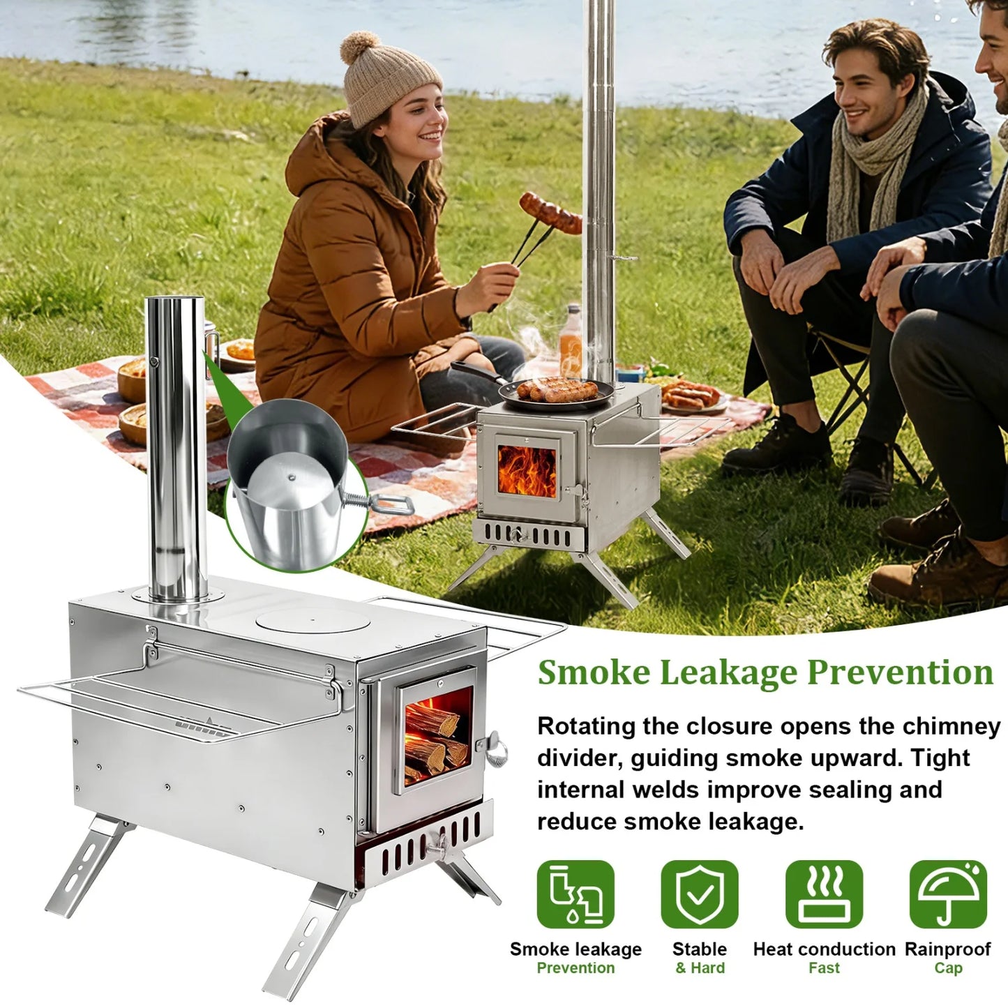  Portable Wood Stove for Camping Cooking & Heating Stainless Steel Wood Burning Stove with 7 Chimney Pipes Fire Pit Stove