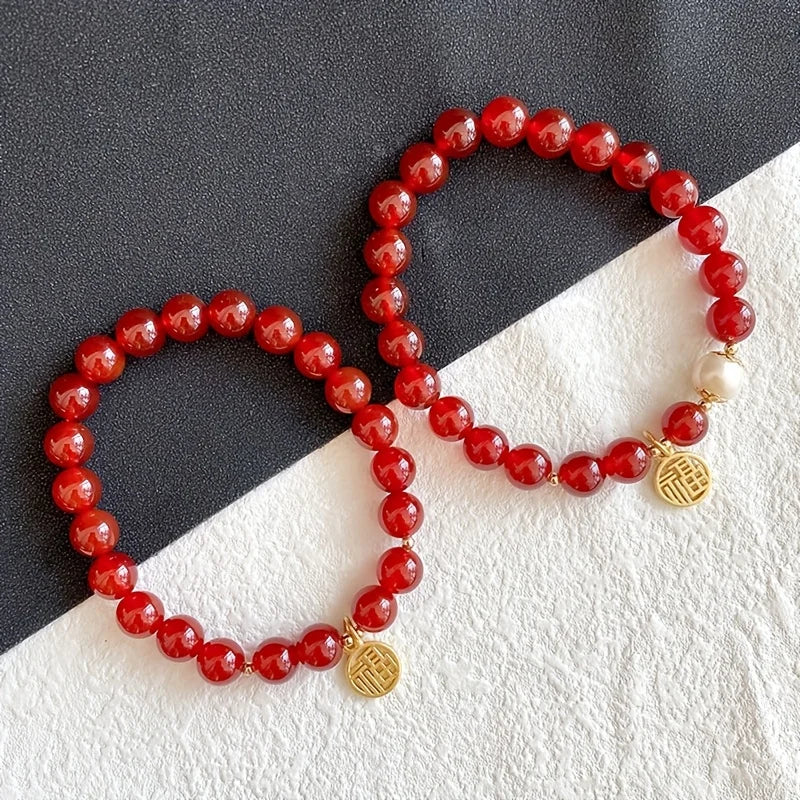 Red Crystal Bracelet with Golden Pendant, Chinese Ethnic Style Lucky Charm Jewelry, Gift for Family Friends, Daily Wear