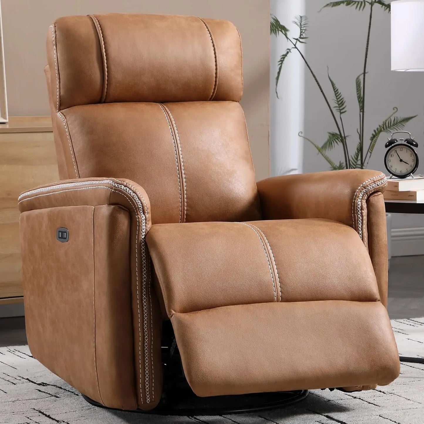 HUANZHUANG Faux Leather Power Swivel Rocker Recliner with USB Port