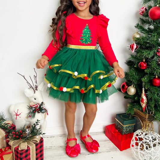 Kids Santa Claus Costume Round Neck Long Sleeve Dress