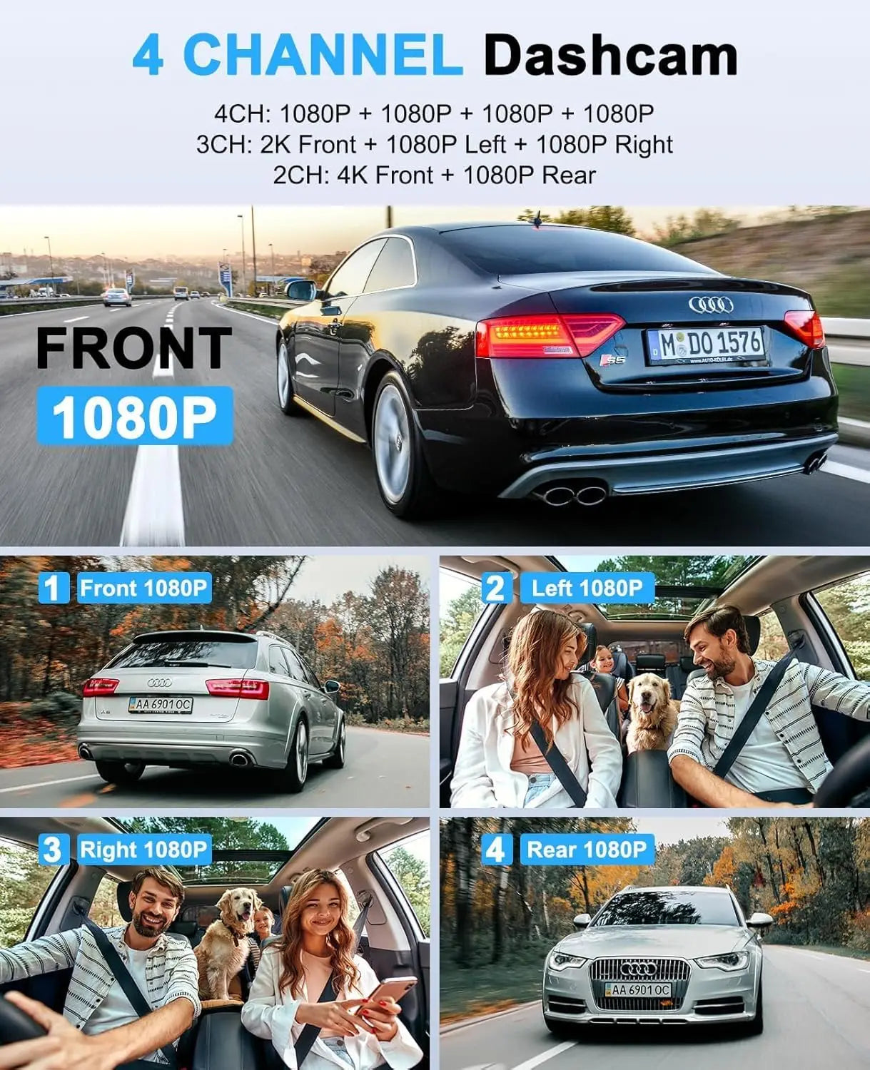 Kankeirr 4 Channel Dash Cam 360 Front Rear Inside 4K
