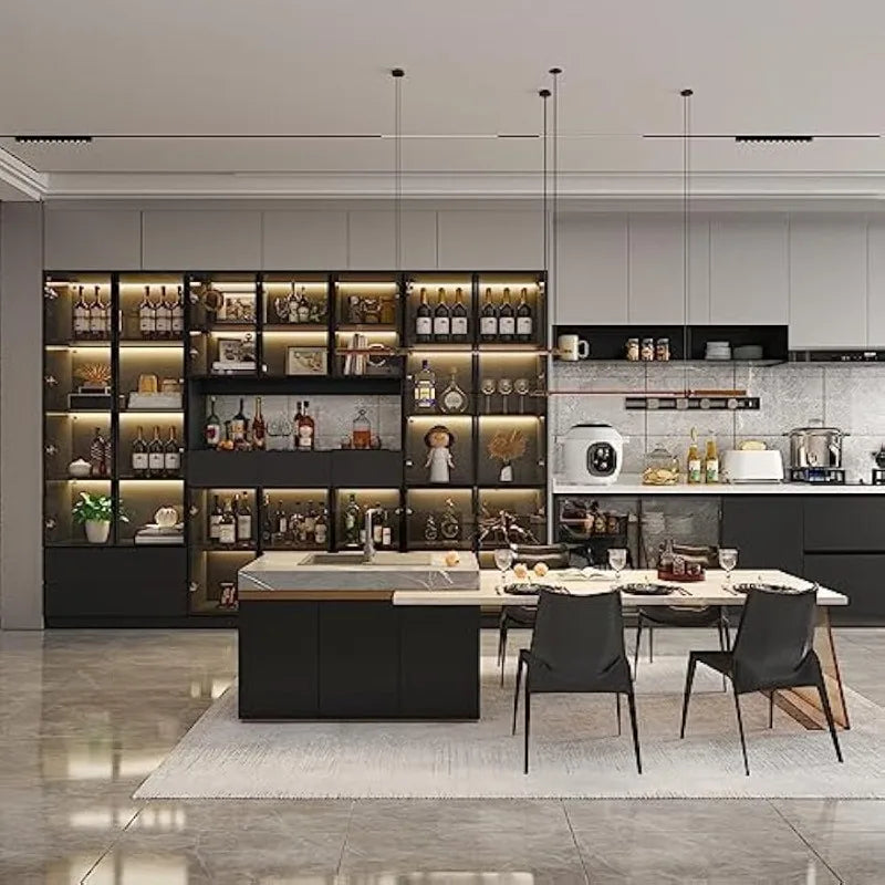 Bookcase Bookshelf With Glass Doors And Lights Large Display Shelf Hutch Five Tier Shelves And Drawers Black