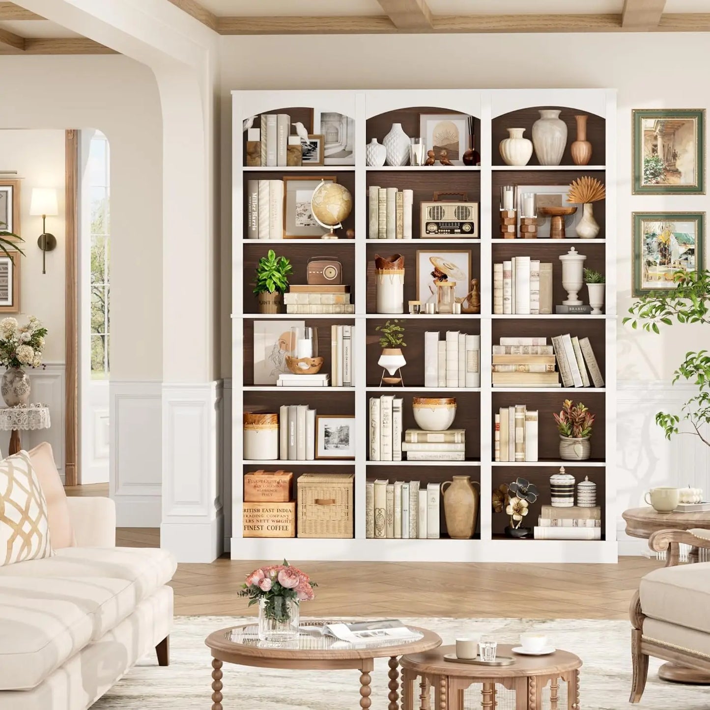 71" Triple Wide Bookshelf, 6 Tier Tall Bookshelf, Large Bookcase with Curved Baffle, 63.4" Wide Book Shelf with 18, Customized