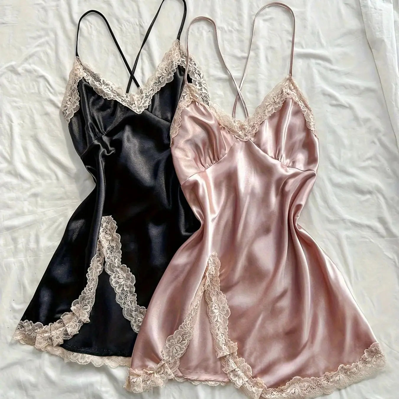 2Pcs Women Satin Sleepwear Set Black And Blush Ruched V Neck Strapless Nightgown Lingerie Dress All Season Nightwear