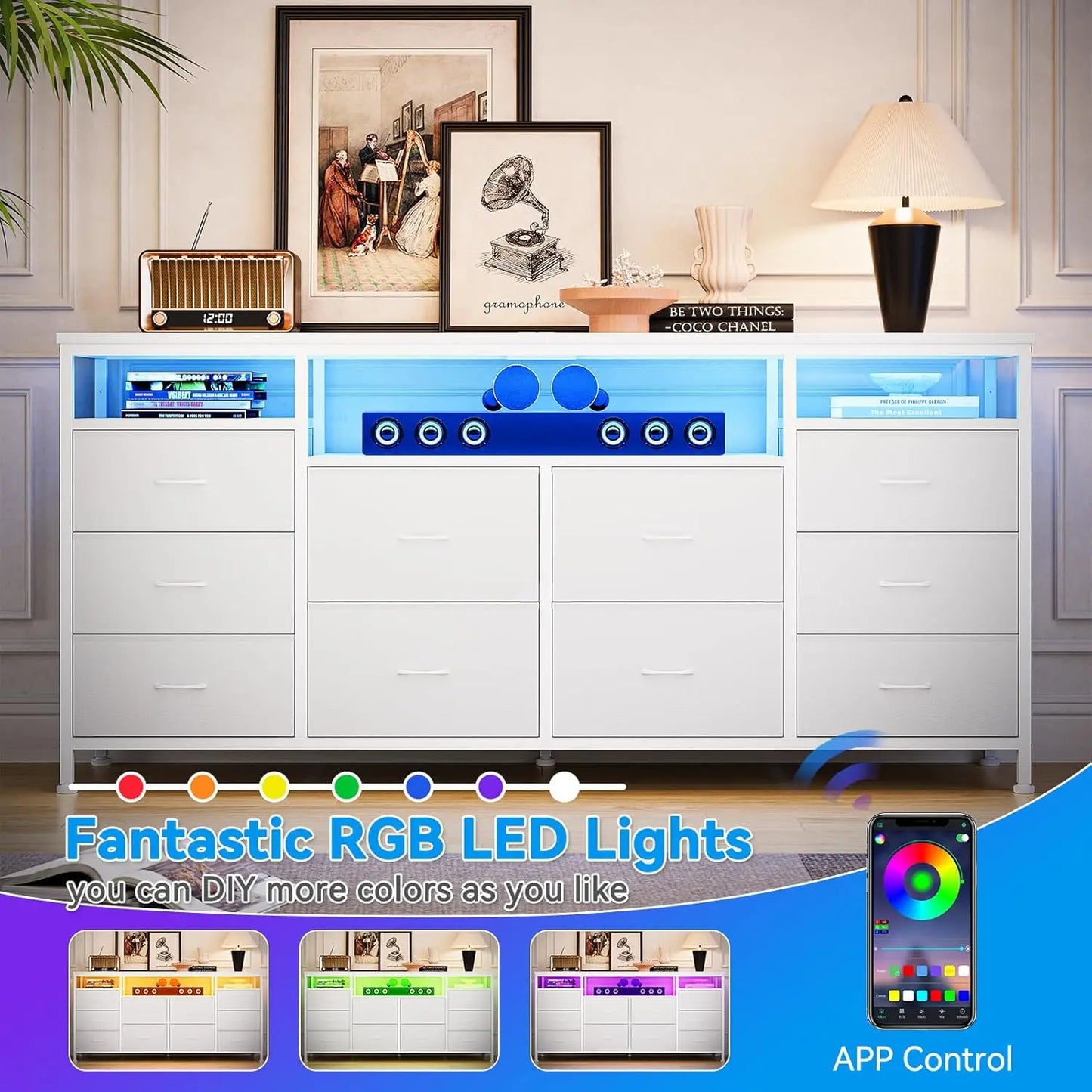 10 Drawer Dresser TV Stand for 65 70 and 75 Inch TV 63 Inch Wide Long Fabric Entertainment Center Chest of Drawers