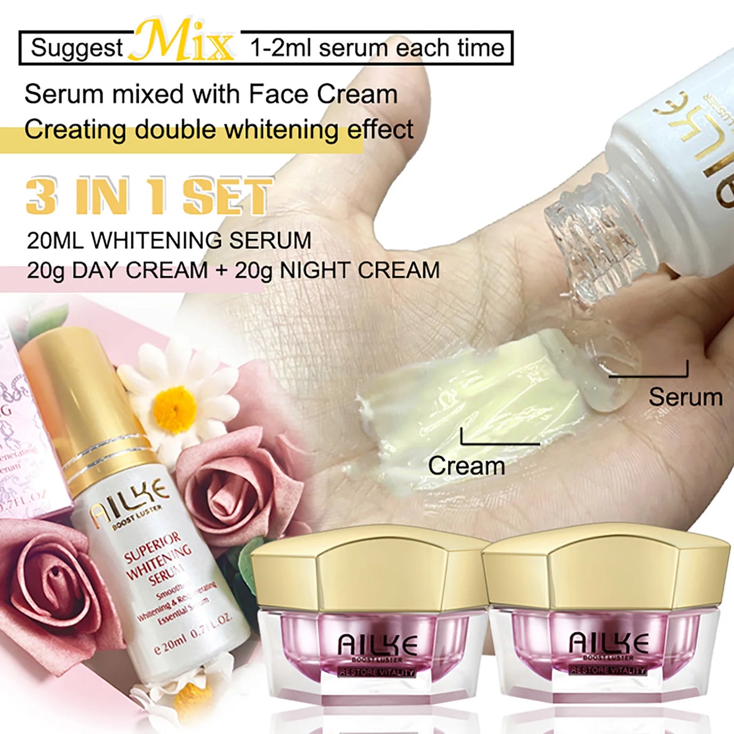 AILKE Whitening Anti-wrinkle Freckle Face Cream With Collagen Hyaluronic Acid Rose Skin Care Women Korean Facial Moisturizer Set