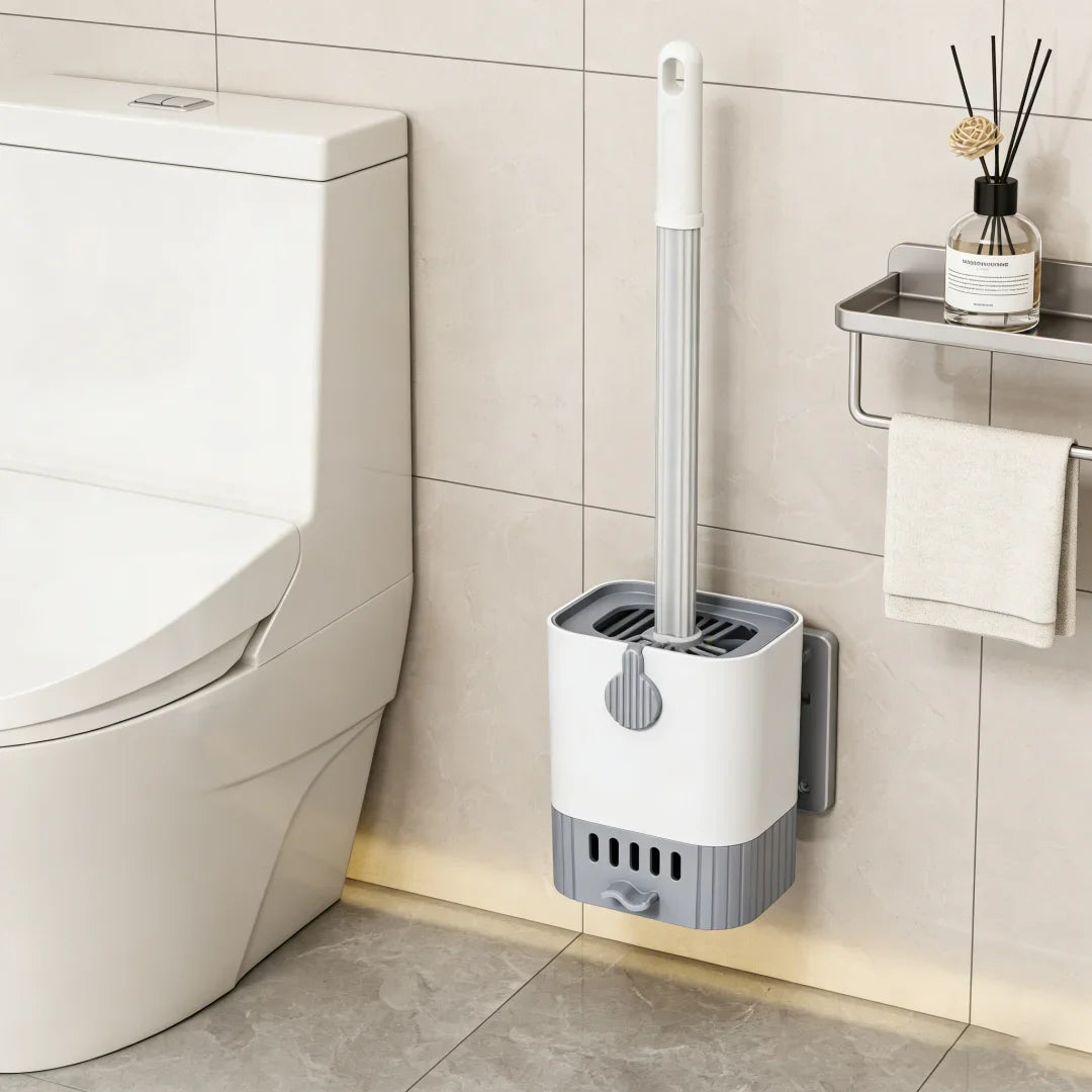 Wall Mount Toilet Brush Slim Holder No Drill Space Saving