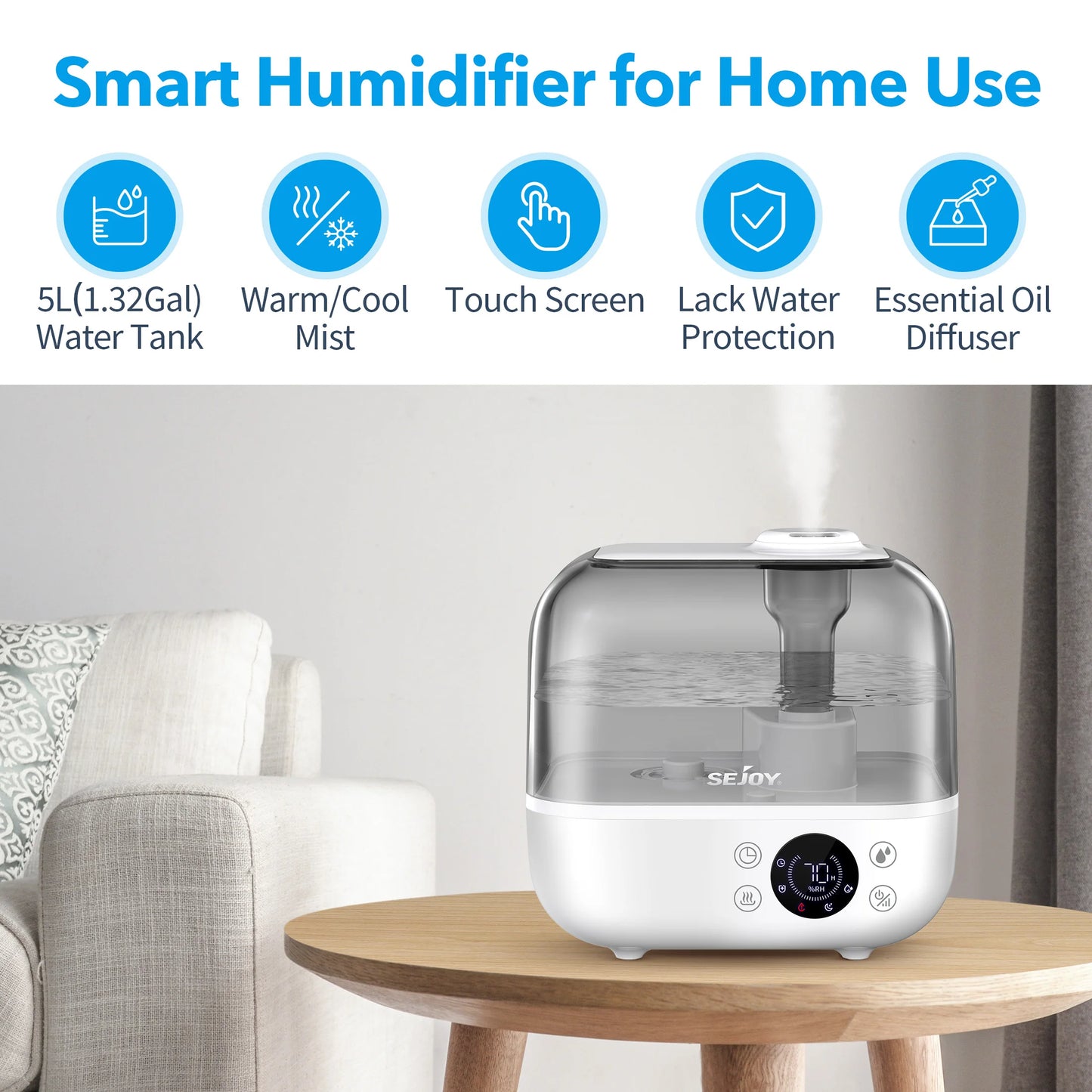 Sejoy Ultrasonic Humidifier Aromatherapy For Large Rooms