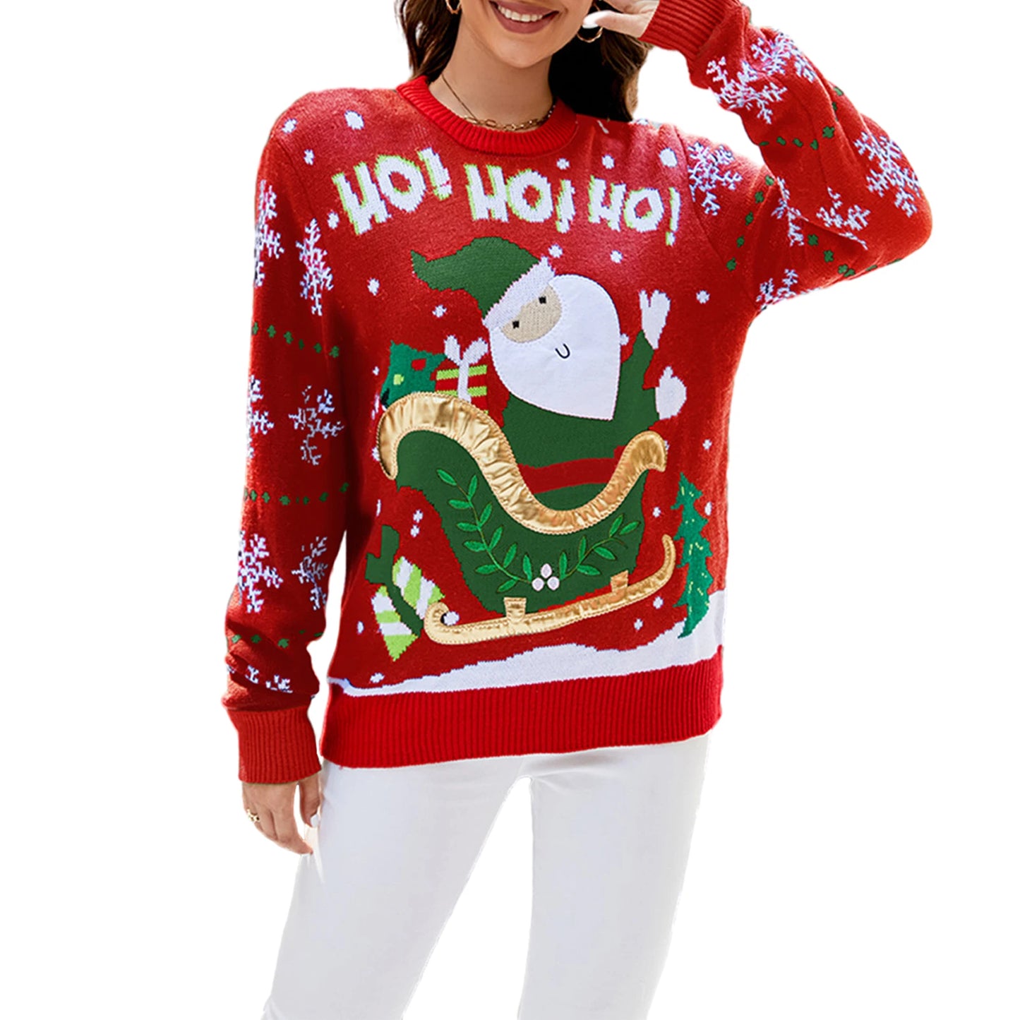 Women Christmas Sweater Winter Long Sleeve Round Neck Santa Claus Pattern Knit Tops Classic Fit