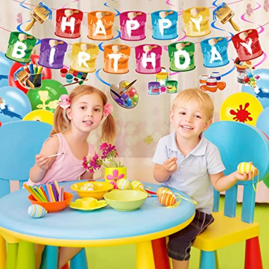 48 Pieces Art Birthday Party Supplies Paint Party Decorations Colorful Latex Balloons Banner Hanging Swirl Cake Cupcake Toppers