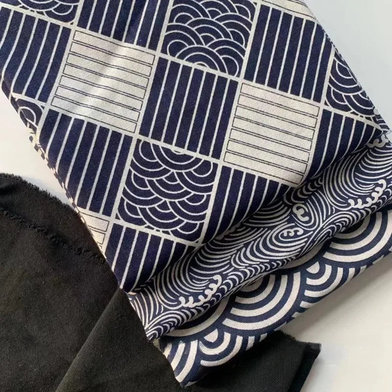 150x50cm Cotton Linen Blue Retro Japanese Fabric Handmade DIY Sewing Table Cloth Curtains Door Curtains Bento Bags Storage Bags