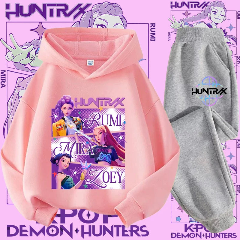 Kpop Demon Hunter Kids Hoodie And Top Set Two Piece Cartoon Print Unisex Casual Wear