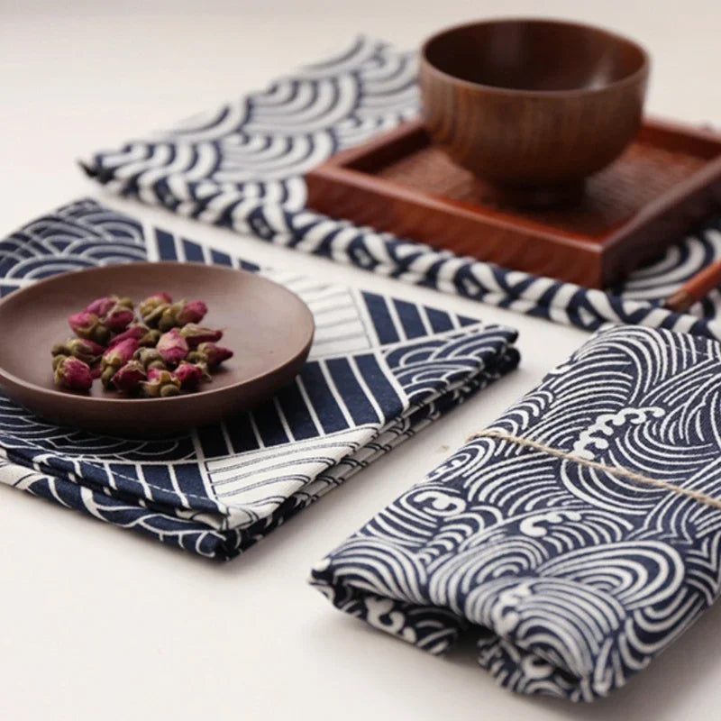 150x50cm Cotton Linen Blue Retro Japanese Fabric Handmade DIY Sewing Table Cloth Curtains Door Curtains Bento Bags Storage Bags