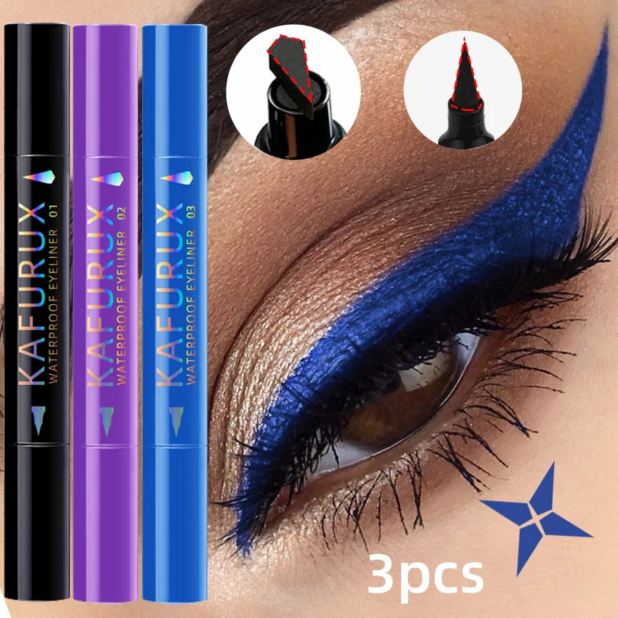 3pcs Colors Double Head Star Seal Eyeliner Waterproof Stamp Pen Black Blue Purple Eye Liner Pencil Long Lasting Fast Drying Lazy Eye Makeup Eye Cosmetic for Women Gifts
