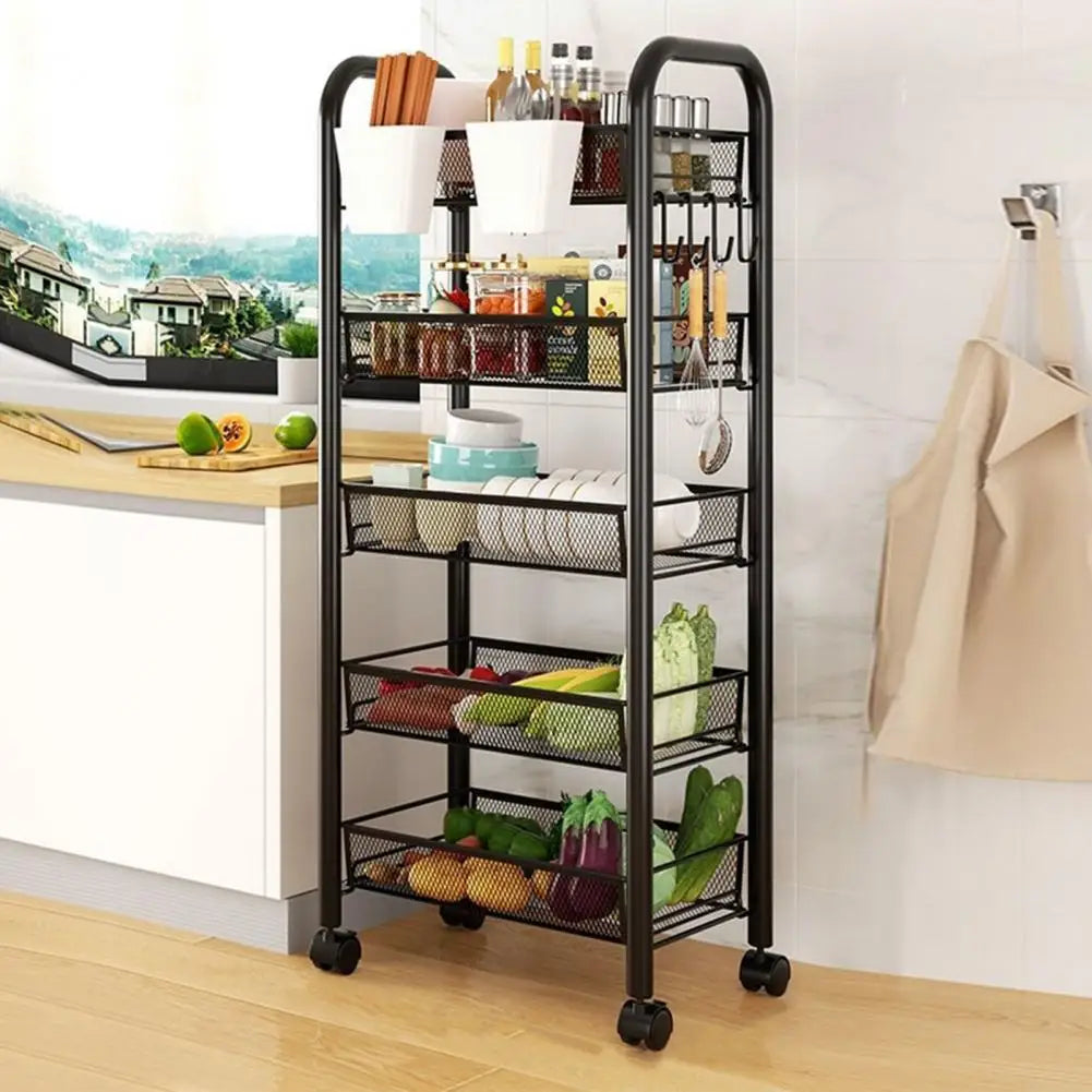 Five Tier Fruit And Vegetable Storage Basket On Wheels Metal Mesh