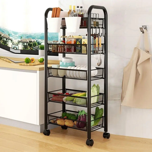 Five Tier Fruit And Vegetable Storage Basket On Wheels Metal Mesh