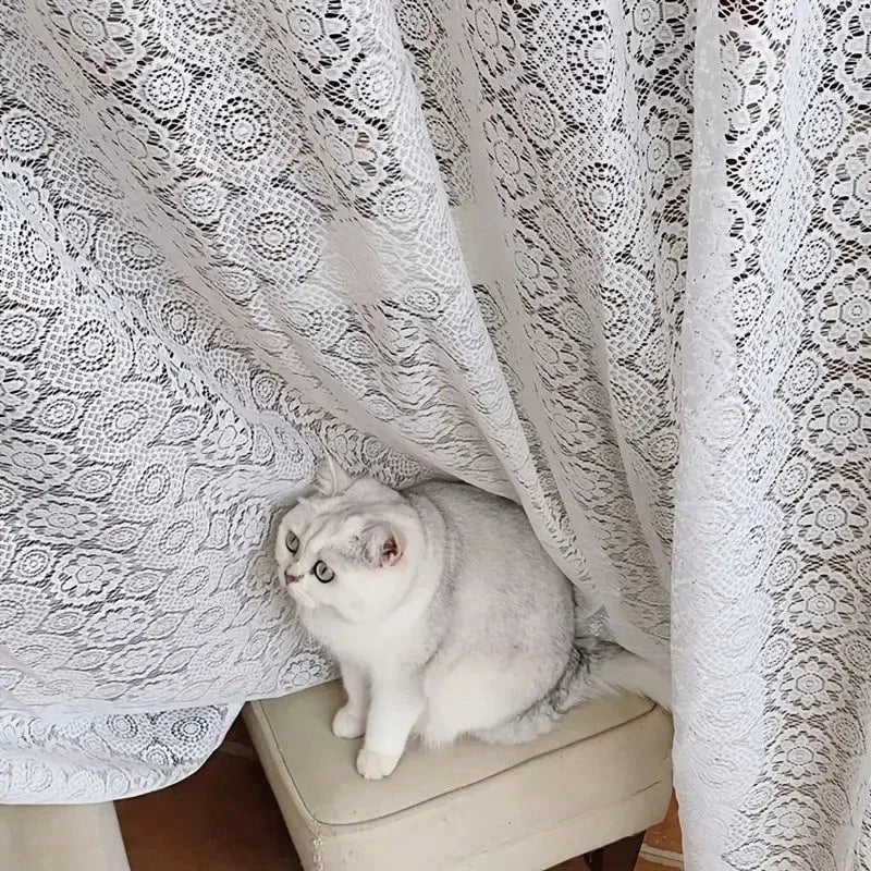2pcs white lace embroidered mesh knitted sheer curtains in a French retro romantic style, for home decoration.