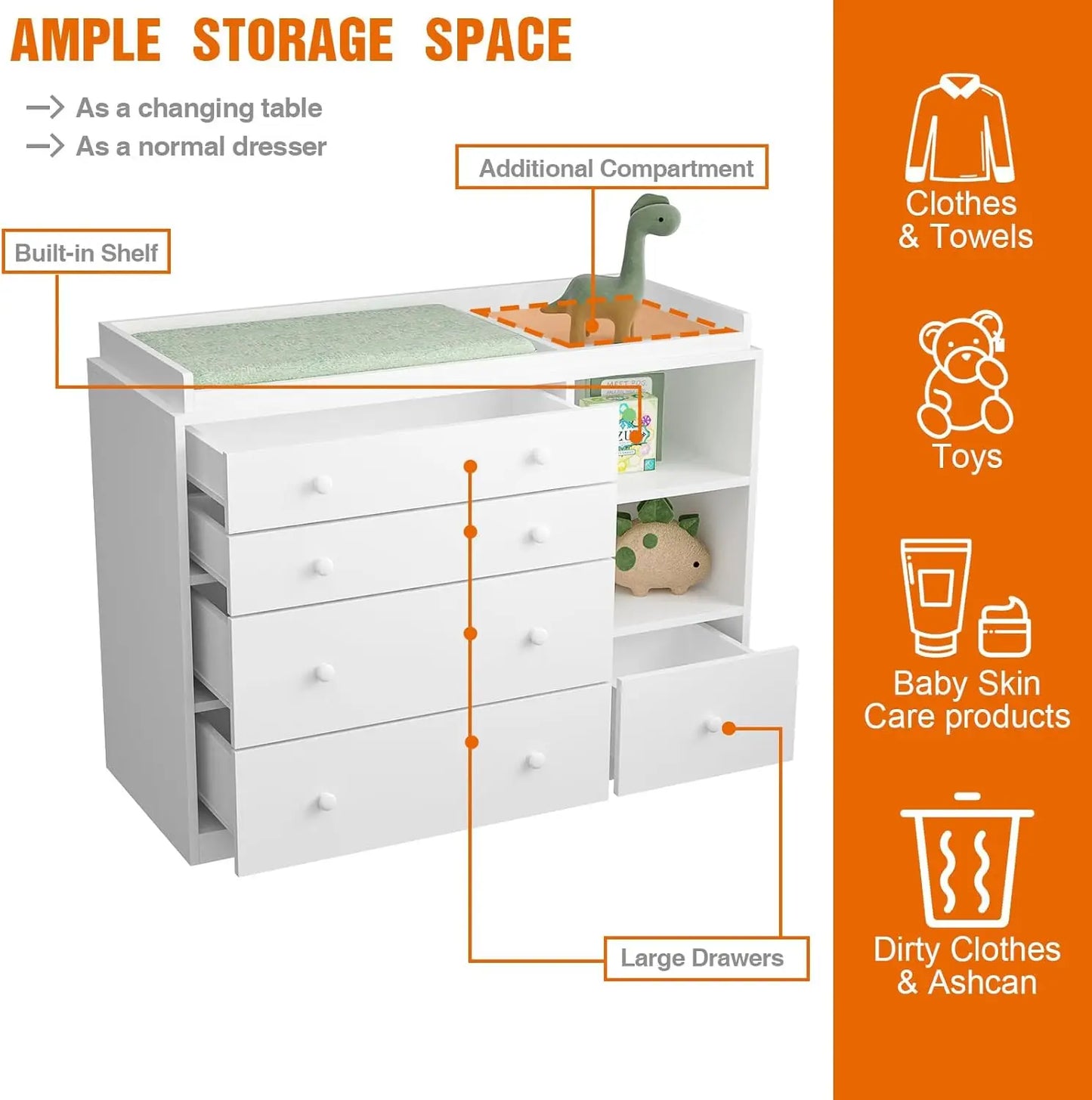 Changing Table Dresser For Nursery White With 5 Drawers And 2 Shelves Multi Functional Baby Changing Station