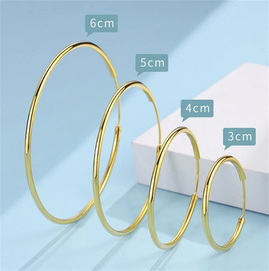 Gold Plated Smooth Round Circle Big Hoop Earrings for Women Size 12/25/30/40/50/60mm Stainless Steel Jewelry Accessories Gifts