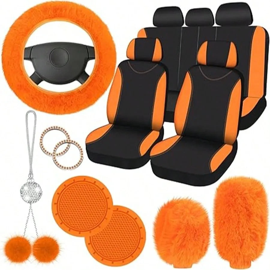 17pcs Car Seat Cover Full Set for Women Universal Fit Car Front Rear Fluffy Steering Wheel Fleece Handbrake Shift Covers Hanging Accessory Holder Ring Emblem (Rose Red Black), Car Seat Cover Full Set